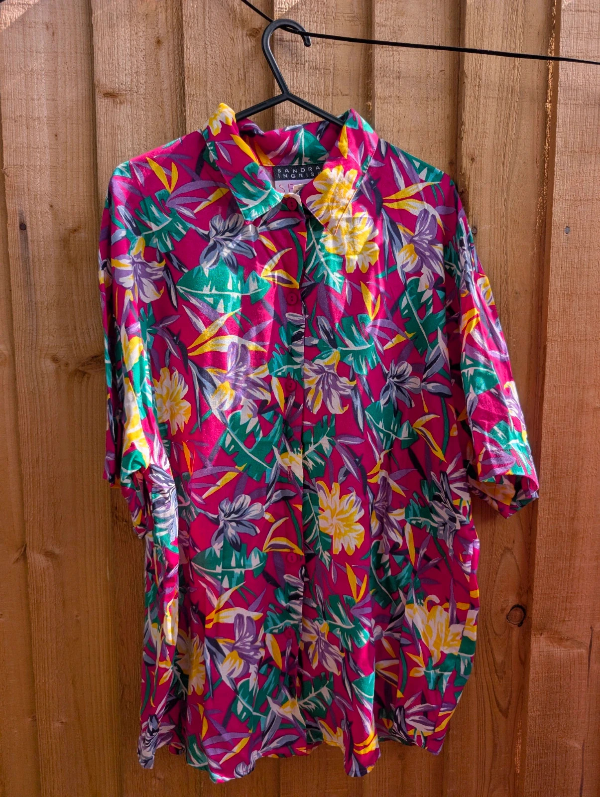 Sandra Ingrish Sport Vintage Tropical Floral Rayon Shirt Blouse Pink Green UK 16-18 L - Image 8