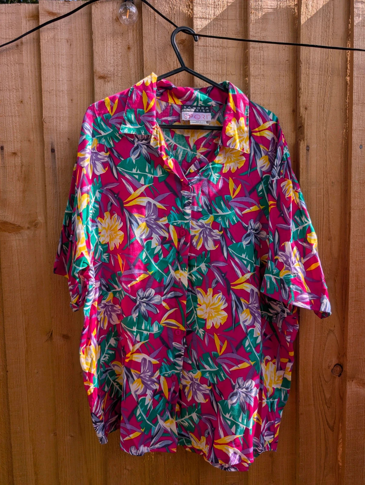 Sandra Ingrish Sport Vintage Tropical Floral Rayon Shirt Blouse Pink Green UK 16-18 L - Image 2