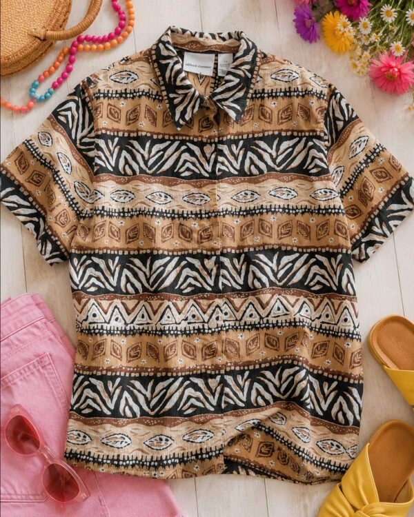 Alfred Dunner Vintage 90s Safari Animal Print Short Sleeve Shirt Blouse UK 12 Fits Up To 14-16