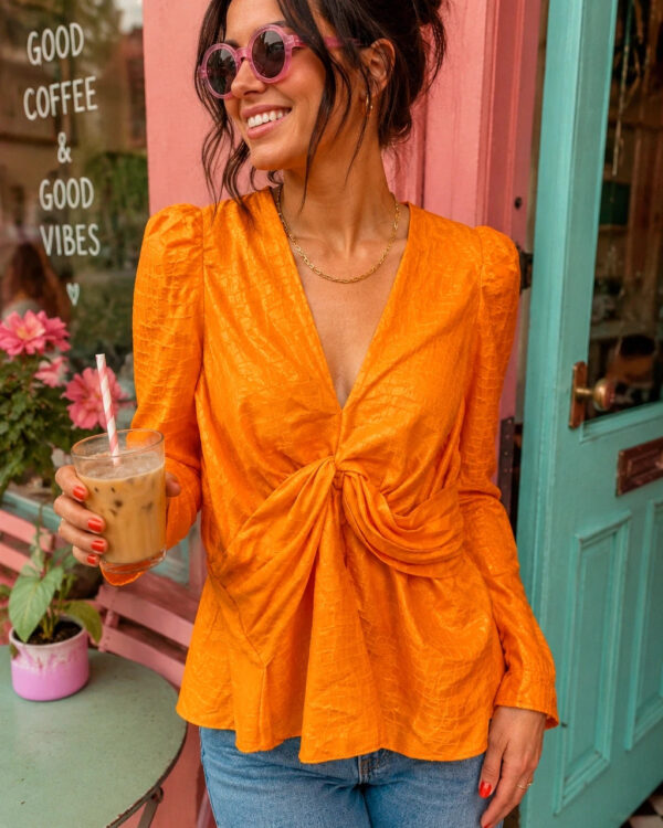 River Island Orange Jacquard Twist Front Peplum Top UK 8 Puff Shoulder Long Sleeve