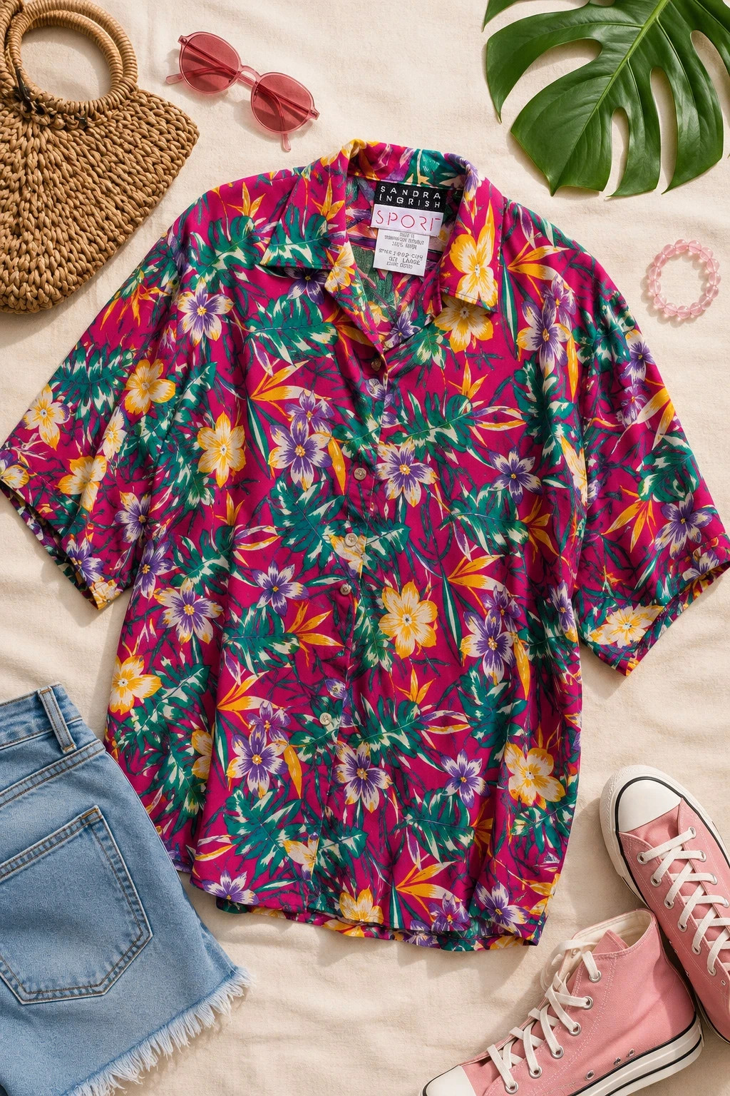 Sandra Ingrish Sport Vintage Tropical Floral Rayon Shirt Blouse Pink Green UK 16-18 L - Image 11