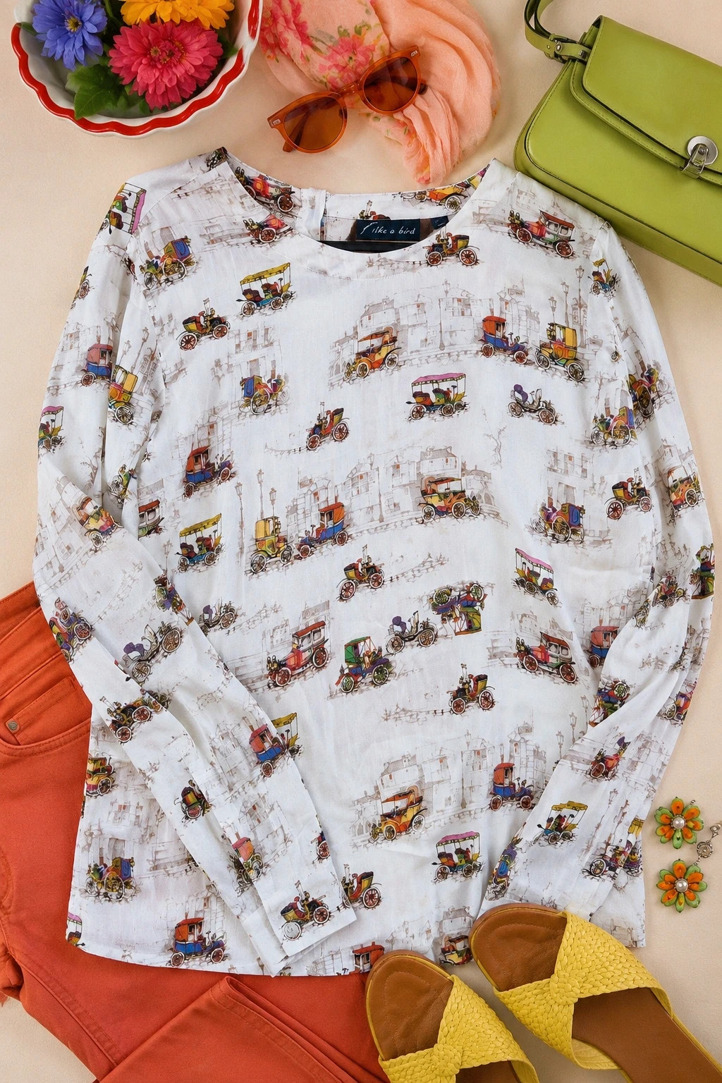 Like a Bird White Vintage Car Print Long Sleeve Blouse Top EU 36 UK 8 - Image 2