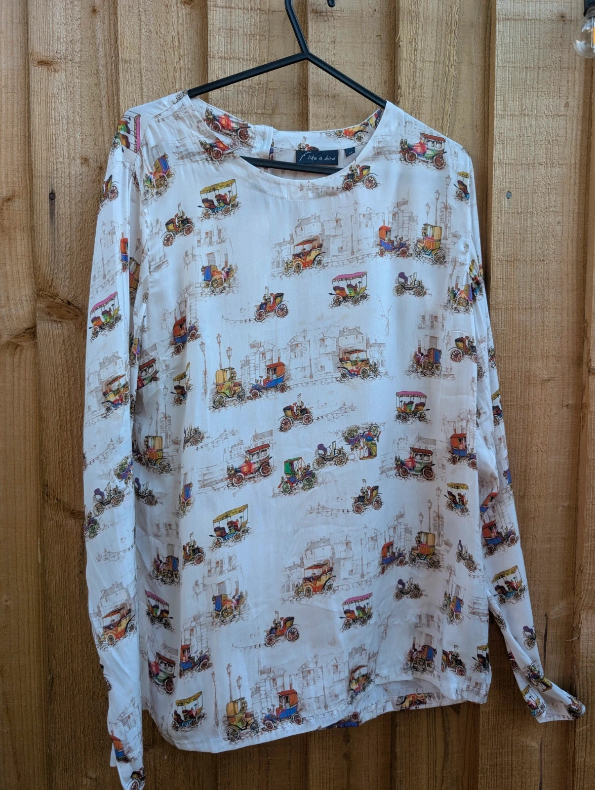 Like a Bird White Vintage Car Print Long Sleeve Blouse Top EU 36 UK 8 - Image 3