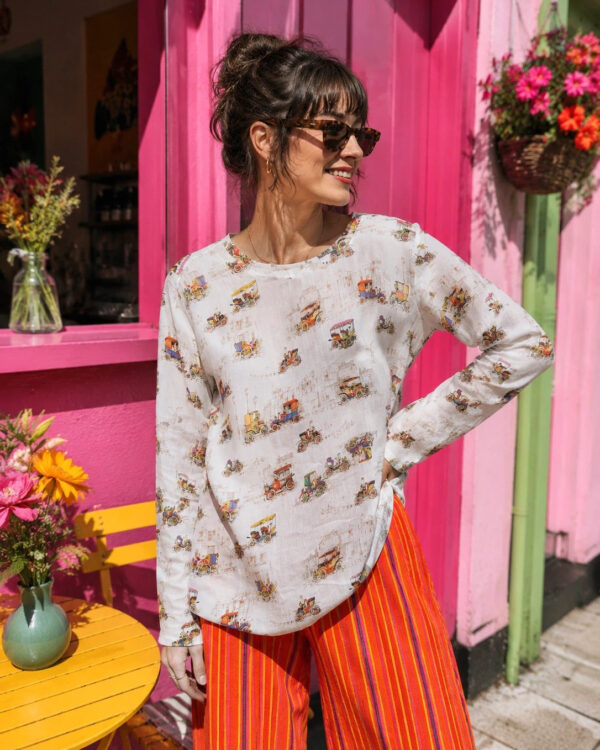 Like a Bird White Vintage Car Print Long Sleeve Blouse Top EU 36 UK 8