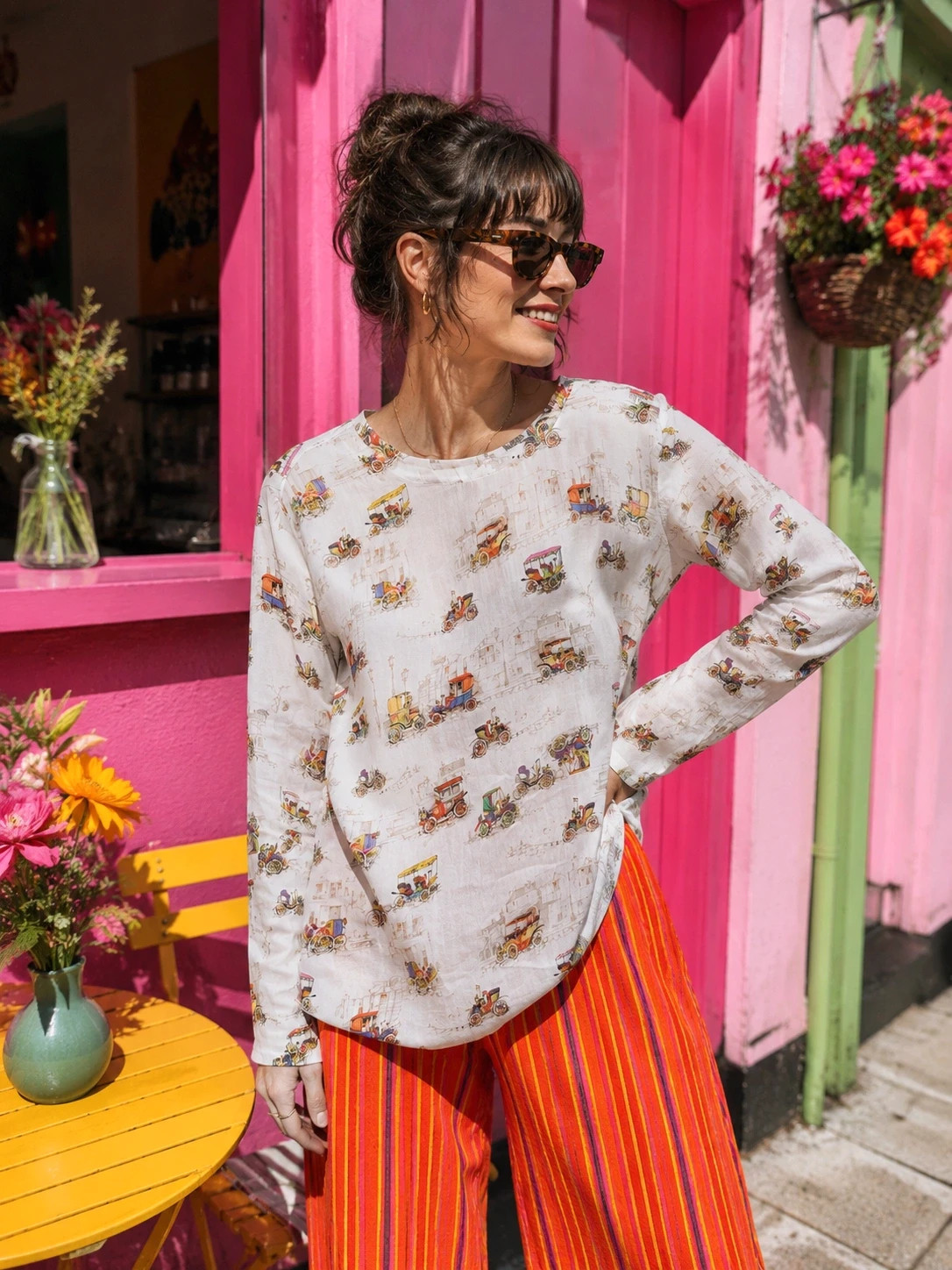 Like a Bird White Vintage Car Print Long Sleeve Blouse Top EU 36 UK 8
