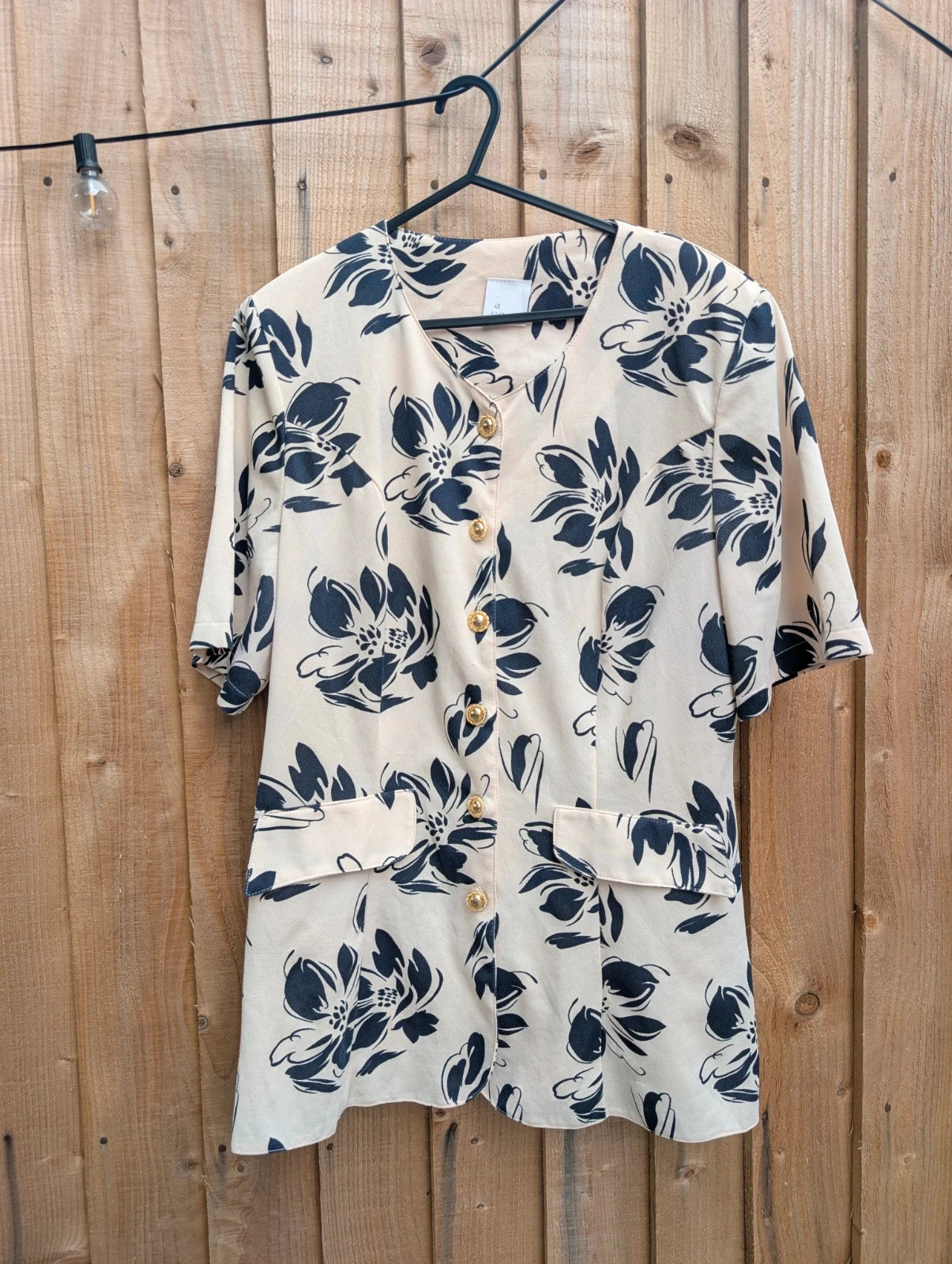 Vintage 1980s/90s Cream Navy Floral Gold Button Tunic Blouse EU 46 UK 14-16 - Image 3