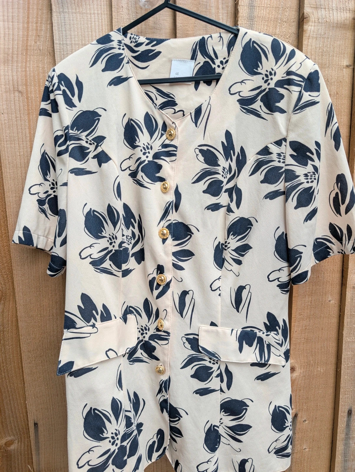 Vintage 1980s/90s Cream Navy Floral Gold Button Tunic Blouse EU 46 UK 14-16 - Image 4