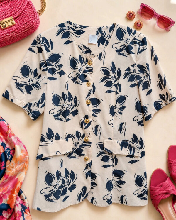 Vintage 1980s/90s Cream Navy Floral Gold Button Tunic Blouse EU 46 UK 14-16
