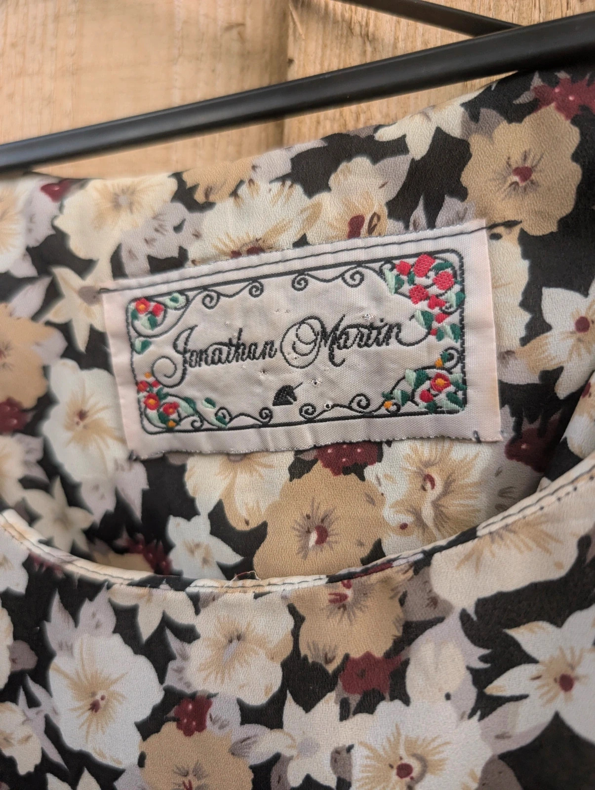 Jonathan Martin Vintage 90s Black Beige Floral Midi Dress Approx UK 10-12 - Image 4
