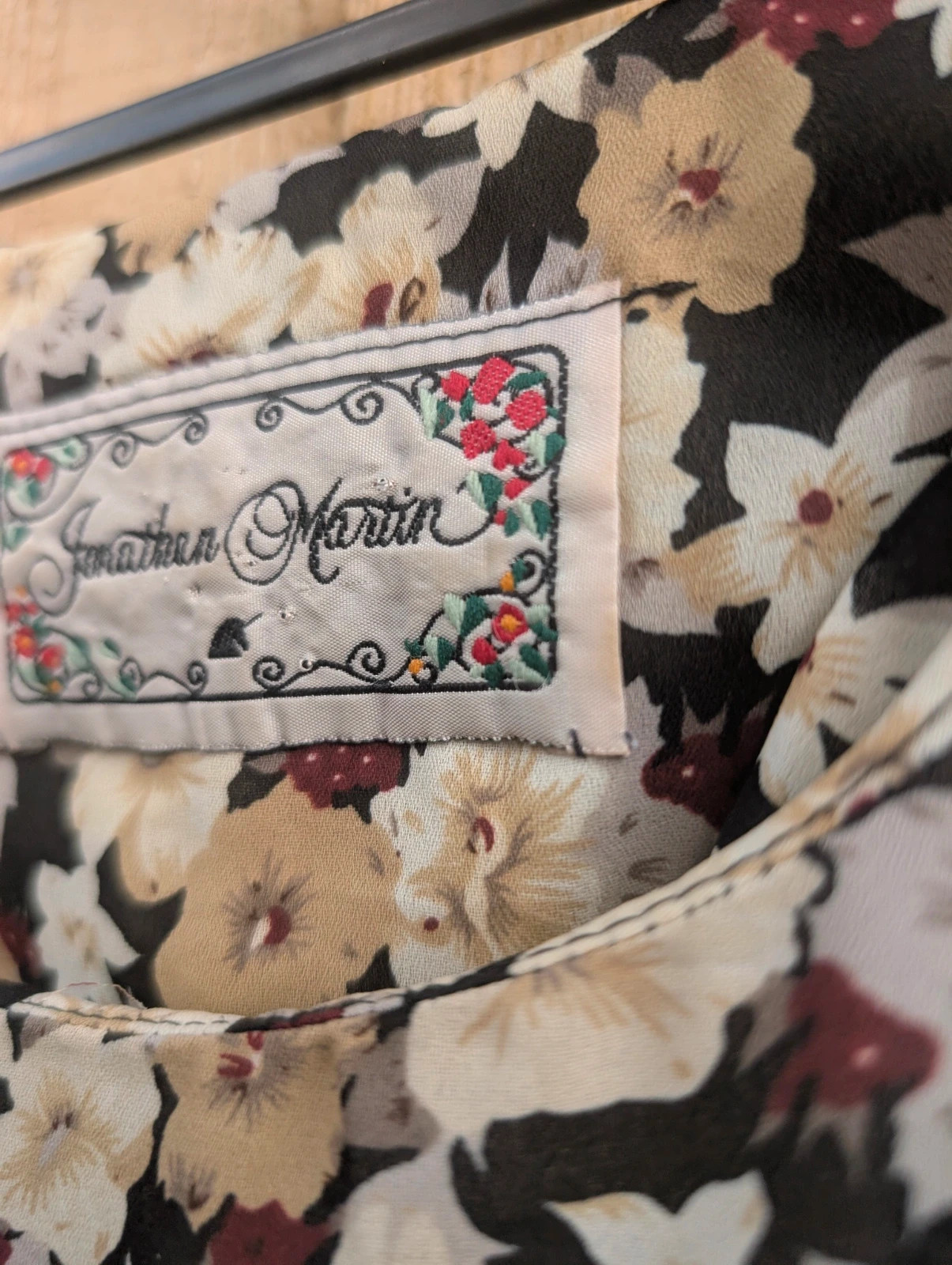 Jonathan Martin Vintage 90s Black Beige Floral Midi Dress Approx UK 10-12 - Image 7