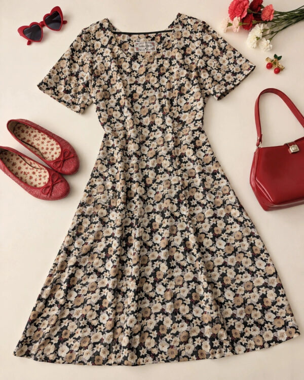 Jonathan Martin Vintage 90s Black Beige Floral Midi Dress Approx UK 10-12