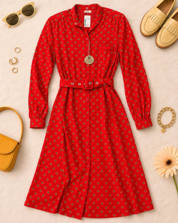 Deadstock Late 70s Red Swiss Cotton Belted Shirt Dress Size 38 UK 8-10