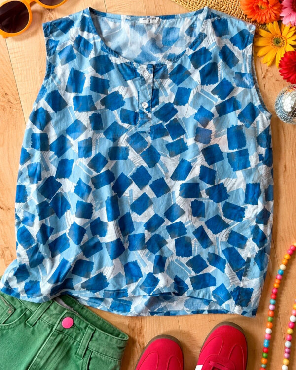 Vintage Blue Abstract Print 100% Cotton Sleeveless Button Neck Top S UK 8–10