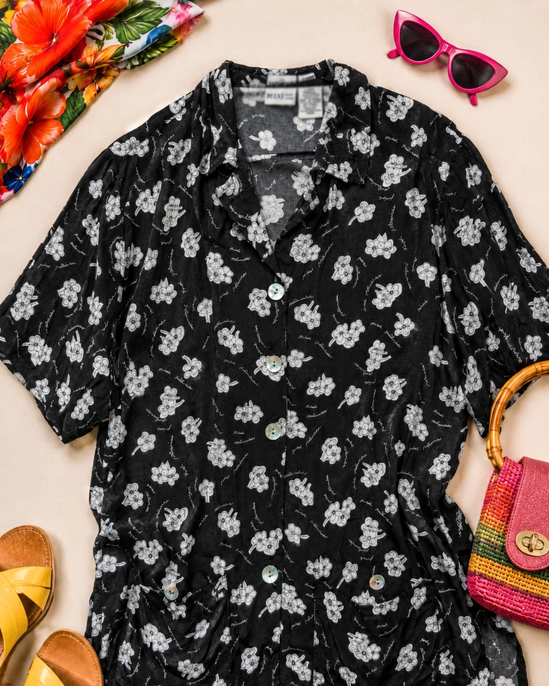 Mixit 1990s Black White Petunia Print Rayon Shirt Blouse L UK 14–16 - Image 2