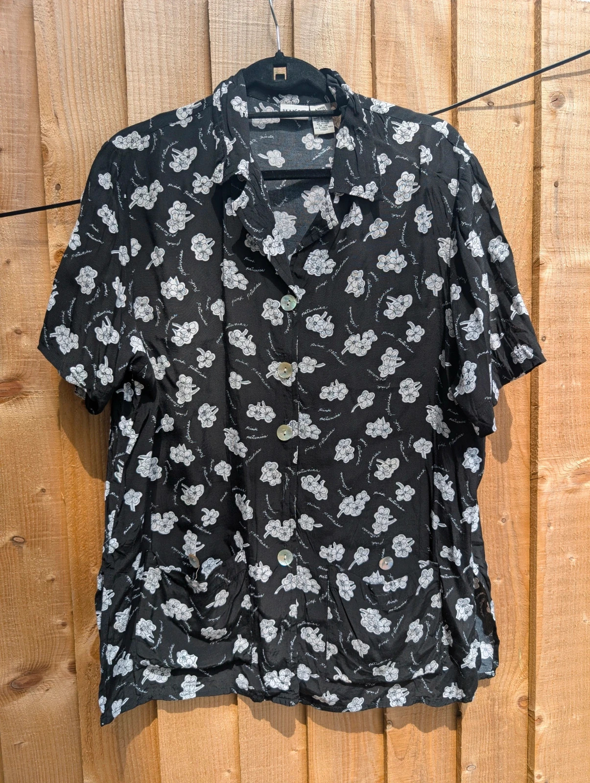 Mixit 1990s Black White Petunia Print Rayon Shirt Blouse L UK 14–16 - Image 3