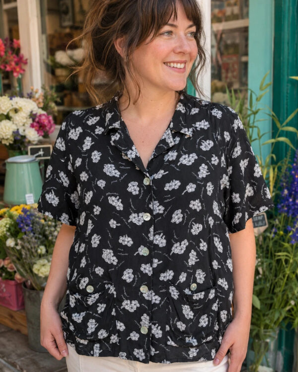 Mixit 1990s Black White Petunia Print Rayon Shirt Blouse L UK 14–16