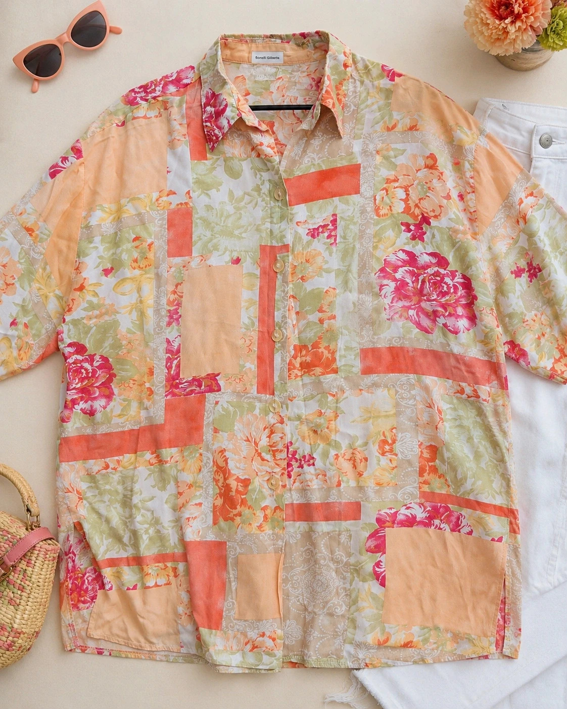 Vintage 1990s Pastel Floral Patchwork-Style Oversized Shirt 14-16 - Image 2