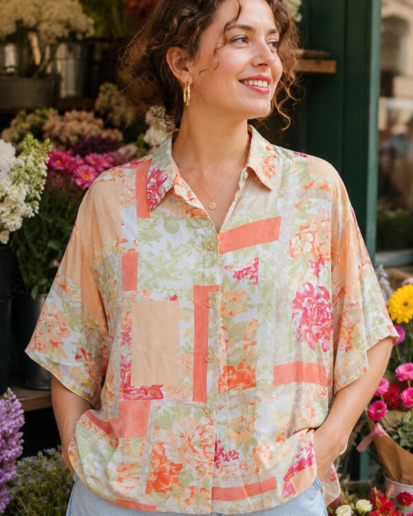 Vintage 1990s Pastel Floral Patchwork-Style Oversized Shirt 14-16