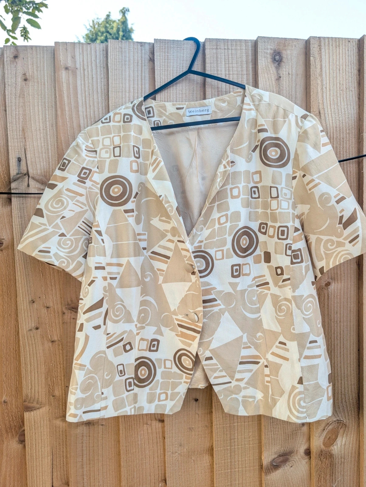 Vintage 1980s Beige Brown Geometric Print Silk Jacket UK 16–18 Fit - Image 12