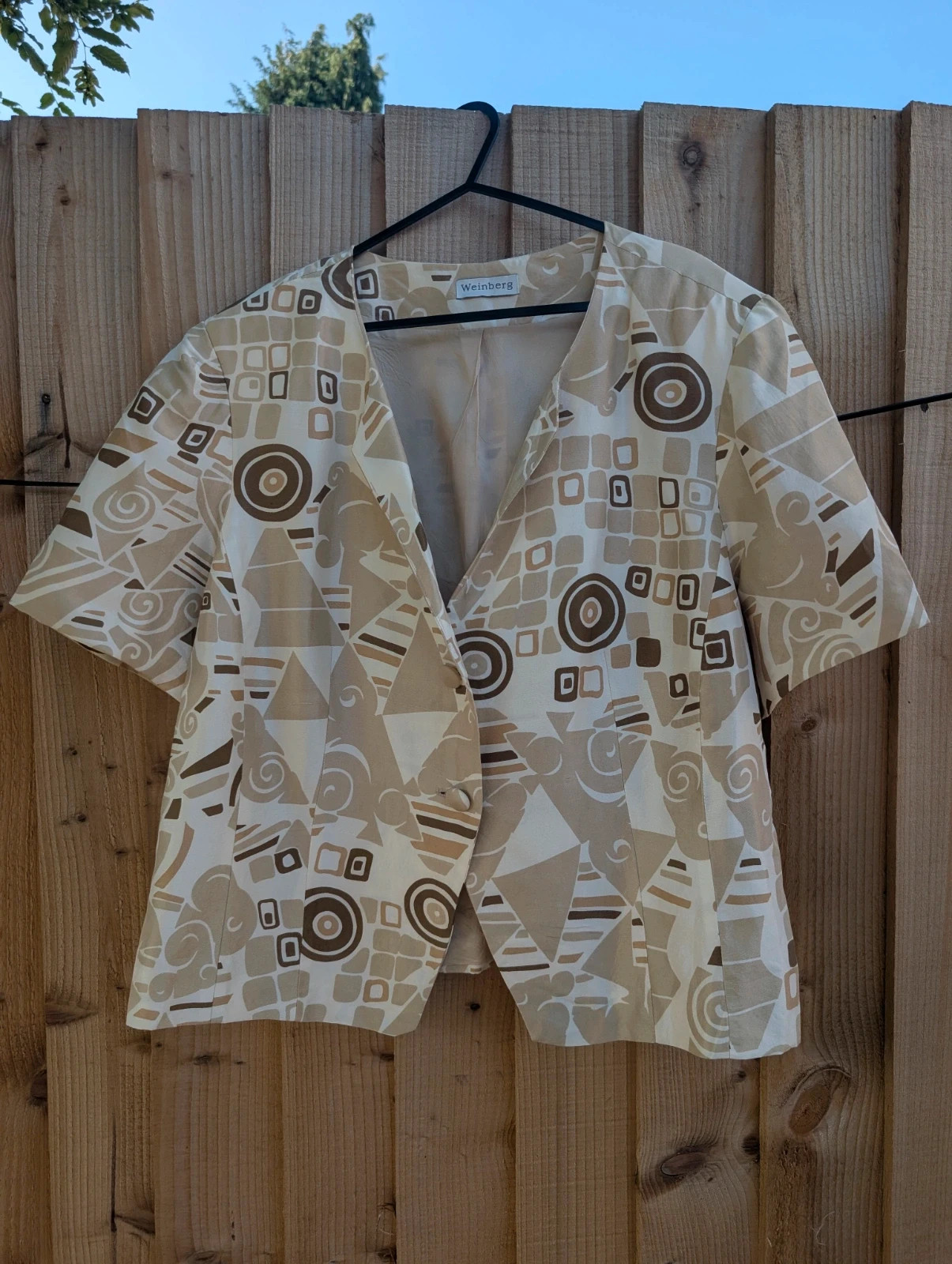 Vintage 1980s Beige Brown Geometric Print Silk Jacket UK 16–18 Fit - Image 3