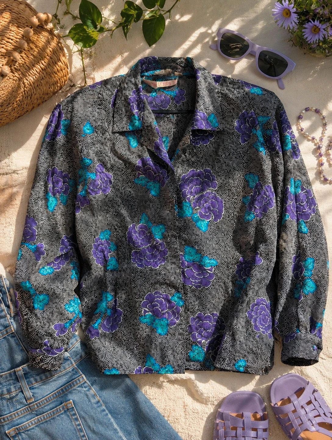 Vintage 1980s Black Purple Floral Polka Dot Blouse UK 12-14 Fit - Image 2