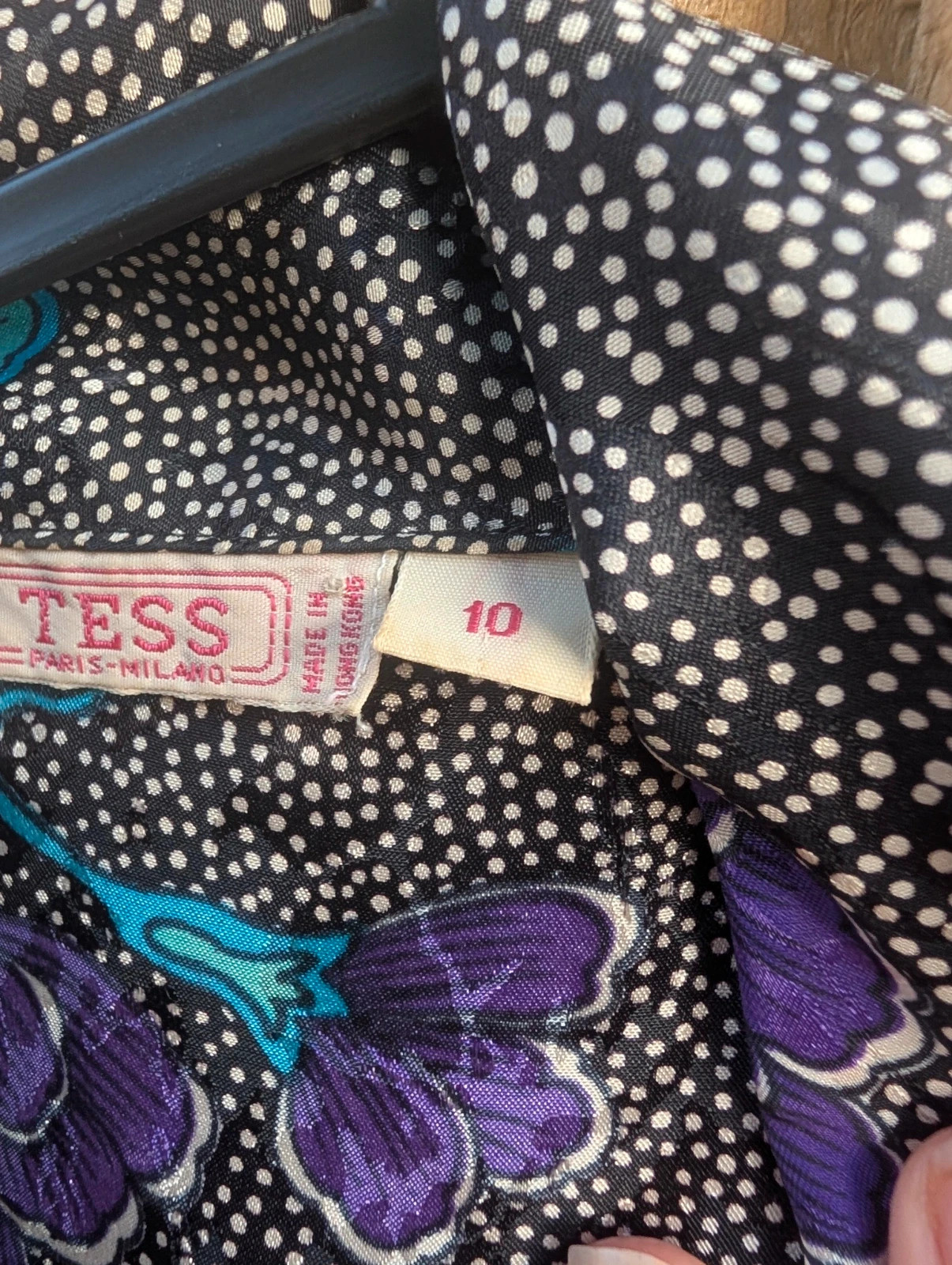 Vintage 1980s Black Purple Floral Polka Dot Blouse UK 12-14 Fit - Image 12