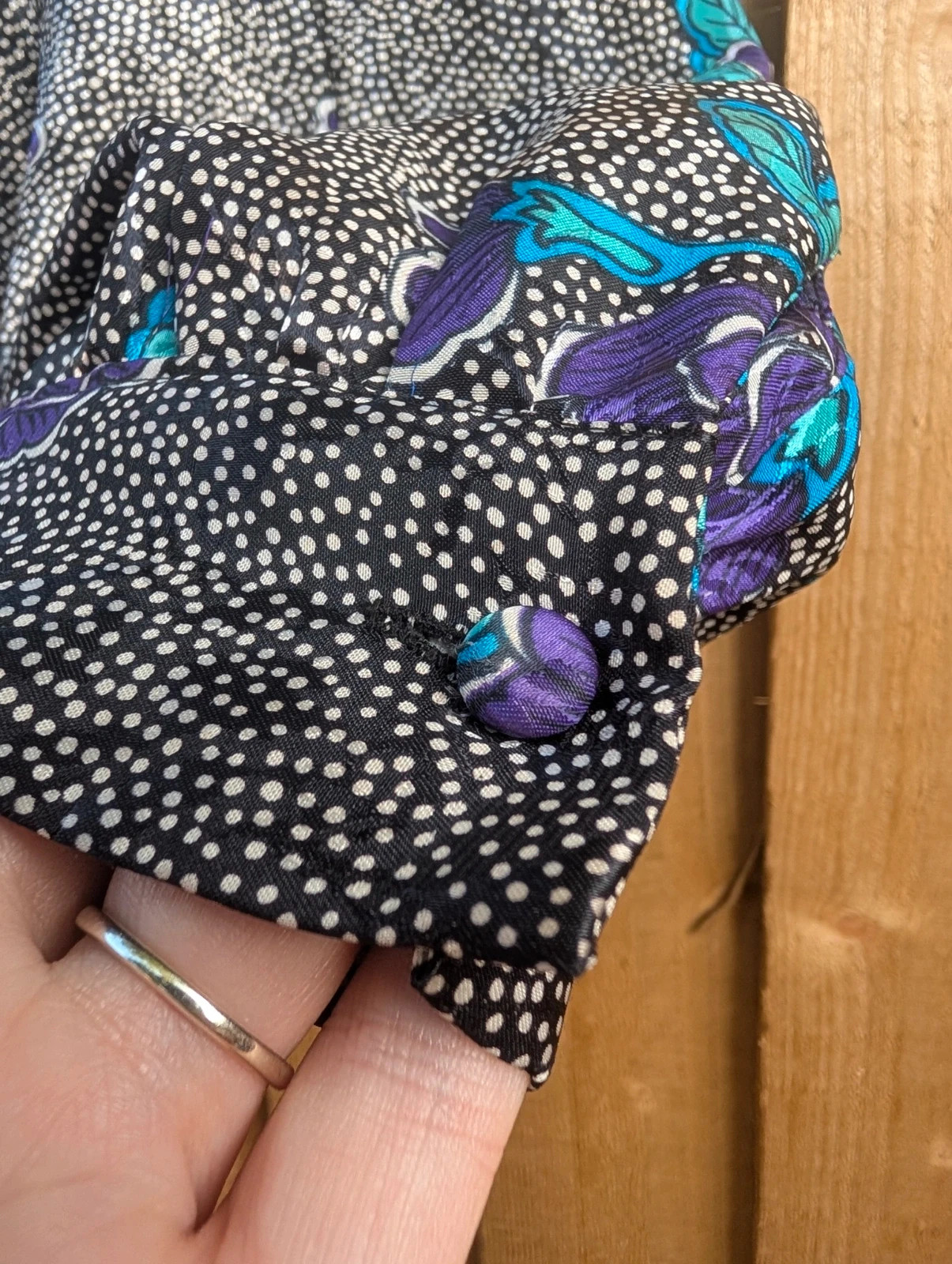 Vintage 1980s Black Purple Floral Polka Dot Blouse UK 12-14 Fit - Image 13