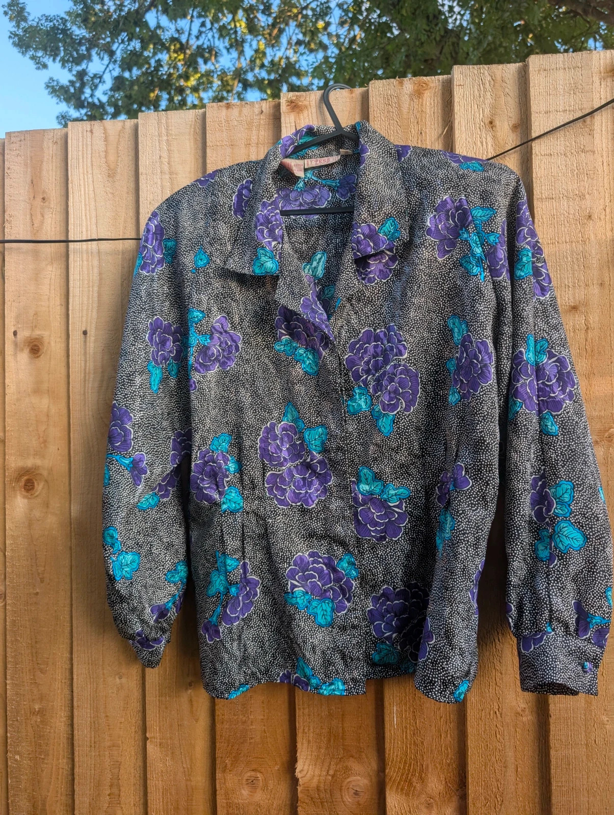 Vintage 1980s Black Purple Floral Polka Dot Blouse UK 12-14 Fit - Image 3