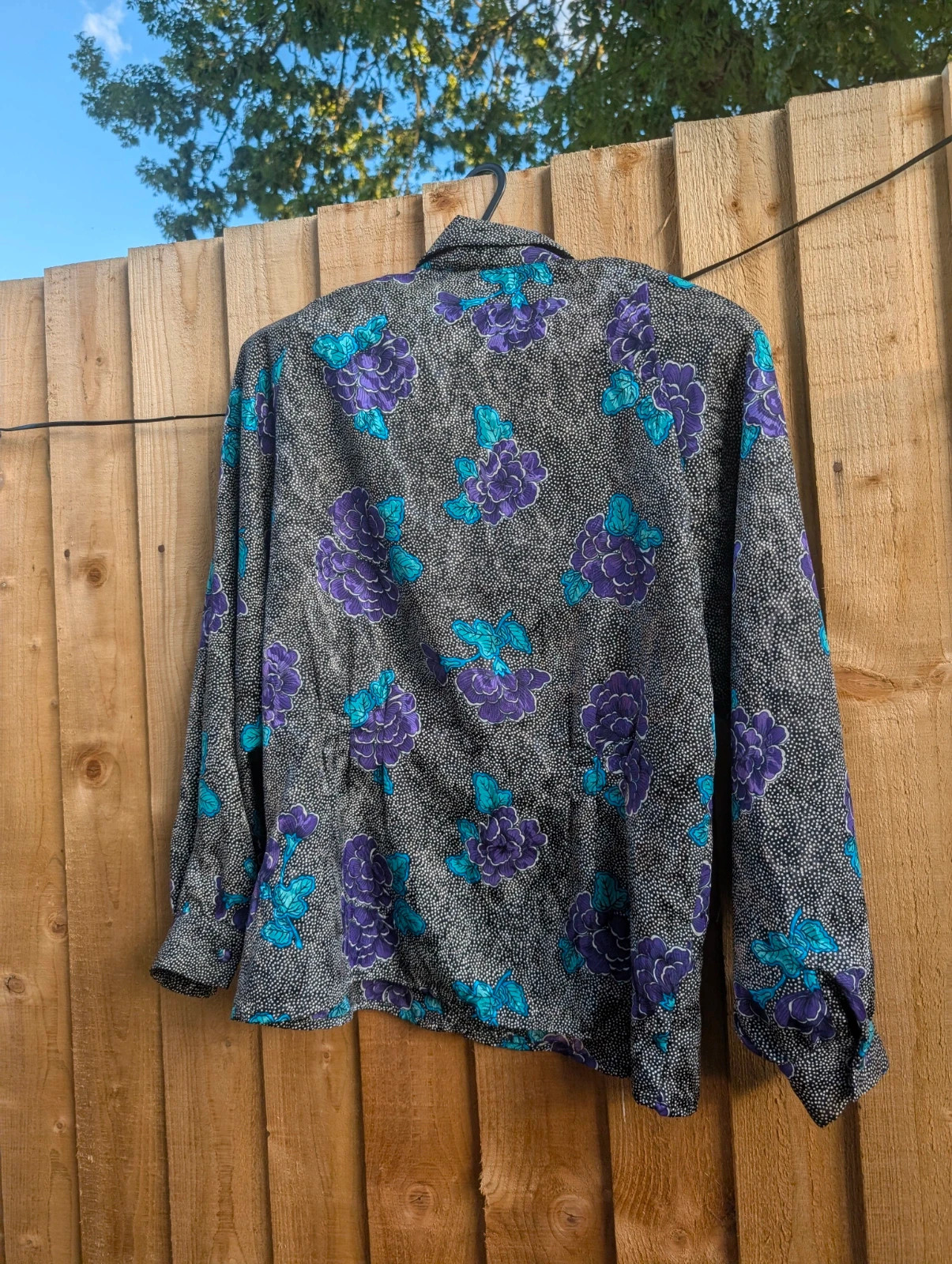 Vintage 1980s Black Purple Floral Polka Dot Blouse UK 12-14 Fit - Image 6