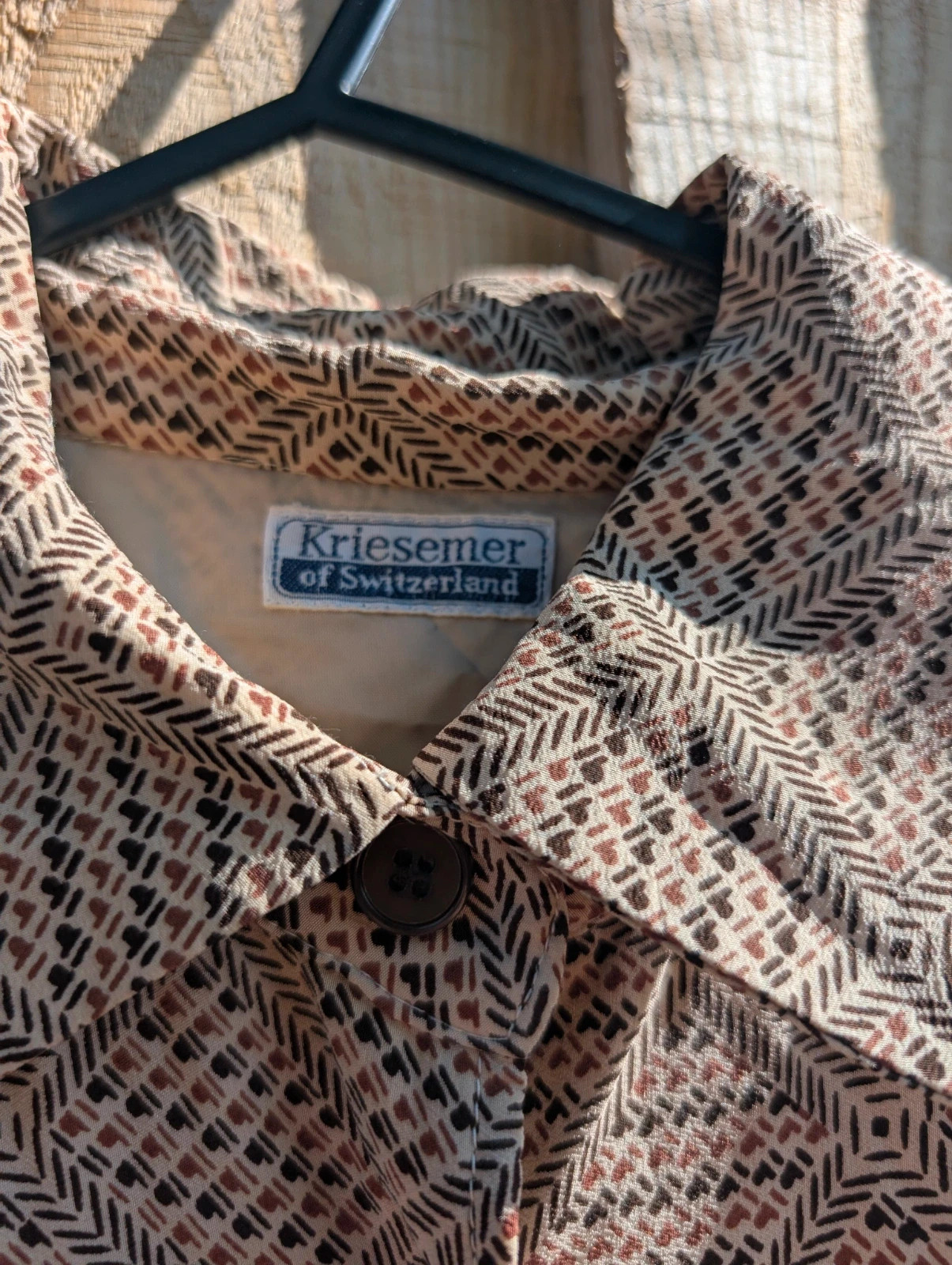 Vintage 1970s Cream Brown Geometric Pure Silk Belted Shirt Dress UK 8–10 Fit - Image 7