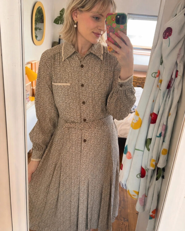 Vintage 1970s Cream Brown Geometric Pure Silk Belted Shirt Dress UK 8–10 Fit