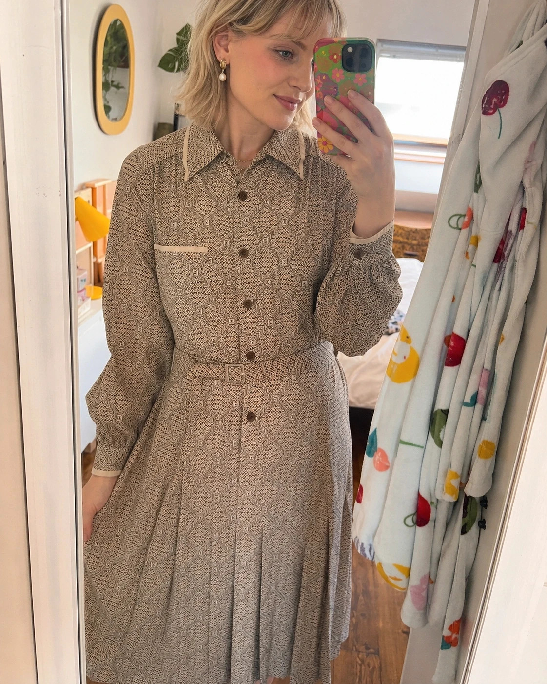 Vintage 1970s Cream Brown Geometric Pure Silk Belted Shirt Dress UK 8–10 Fit