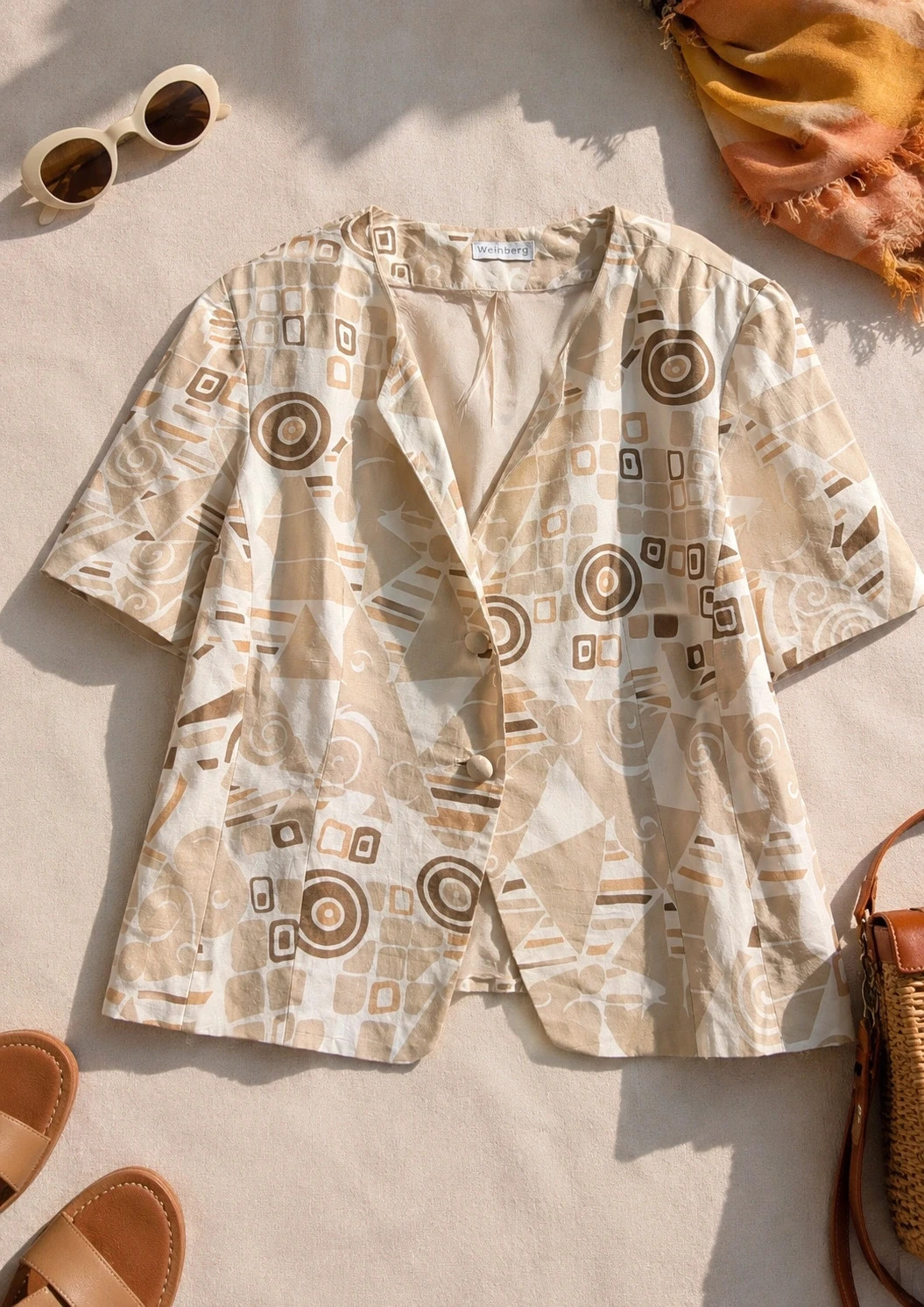 Vintage 1980s Beige Brown Geometric Print Silk Jacket UK 16–18 Fit - Image 2