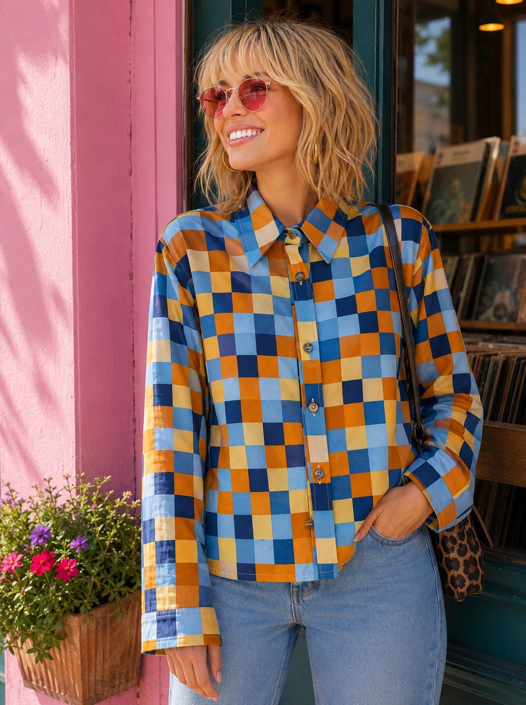 Blue, orange and cream checked vintage shirt styled with jeans